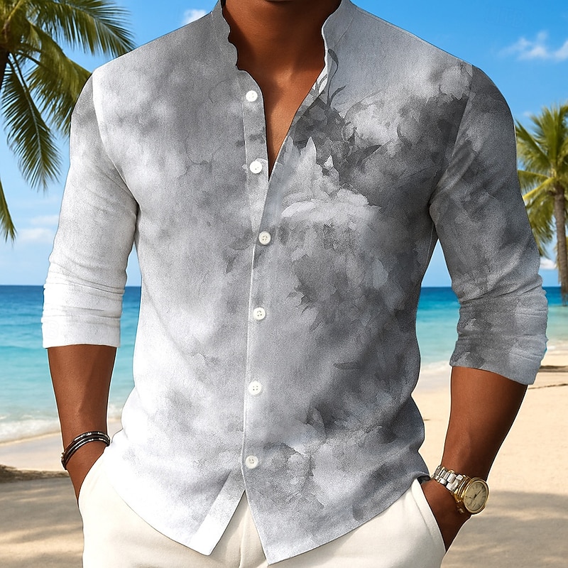 Men's Floral Print Gradient Color Flowers Shirt Button Up Shirt Stand Collar Shirt Long Sleeve Fashion Casual Outdoor Vacation Daily Spring Fall Mandarin Collar Band Collar 3D Print Linen Like Shirt2