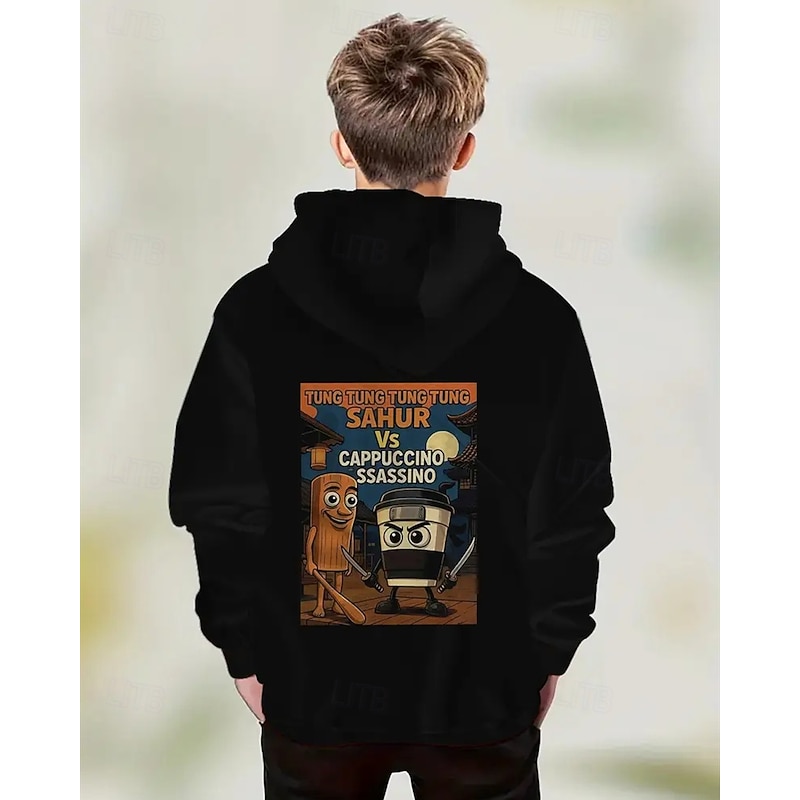 Boys' Long Sleeve Italian Brain Rot Element TUNG TUNG TUNG SAHUR Print Hoodie Long Sleeve Spring Fall Fashion Streetwear Kids 4-12 Years Hooded Outdoor Casual Daily Regular Fit2