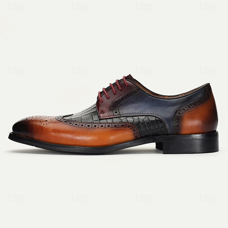 Men’s Wingtip Brogue Genuine Leather Dress Shoes – Dual-tone Crocodile Embossed Lace-up Style for Banquets, Vintage Fashion and Evening Parties3