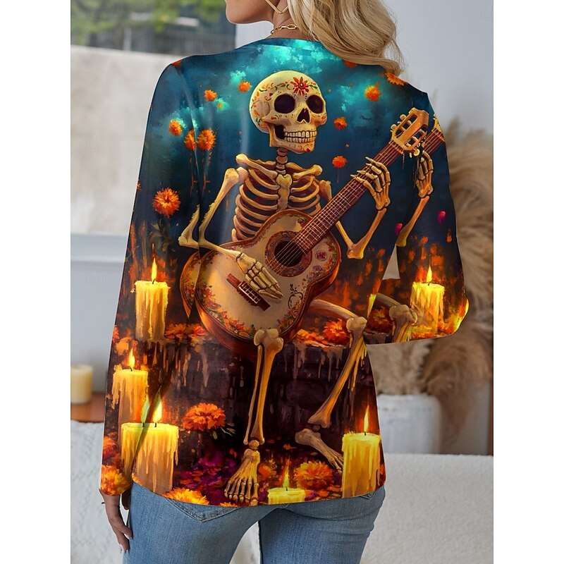 Halloween Women's T Shirt Skulls Crew Neck Long Sleeve Tunic Graphic Vintage Casual Regular Tops Daily Print Sage Green Blue Dusty Blue Spring Fall2