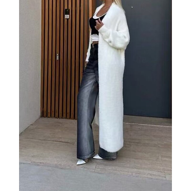 Women's Sweater Cardigan Fashion Streetwear Daily Solid Color Ribbed V Neck Knitted Long Sleeve Long Tops Knit Holiday Going out Weekend White Fall Winter4