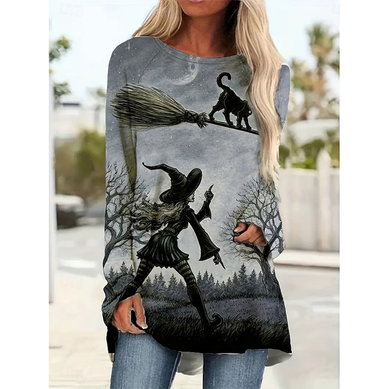 Halloween Women's T shirt Witch Long Sleeve Graphic Pumpkin Vintage Stylish Classic Long Sleeve Crew Neck Round Neck Long Tops Daily Print Yellow Orange Gray Spring Fall Prefall