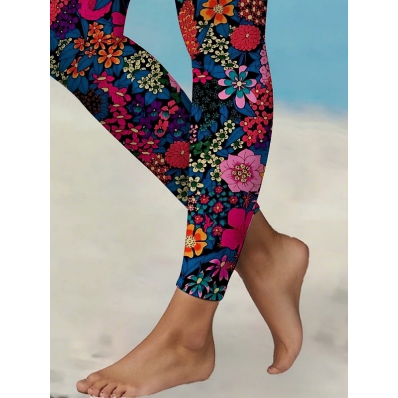 Women's Pants Trousers Leggings Cozy Leggings Streetwear Casual Full Length High Waist Floral Elastic Waist Print Breathability Comfortable Stretchy Vacation Street Daily Wear Navy Blue Summer Spring2