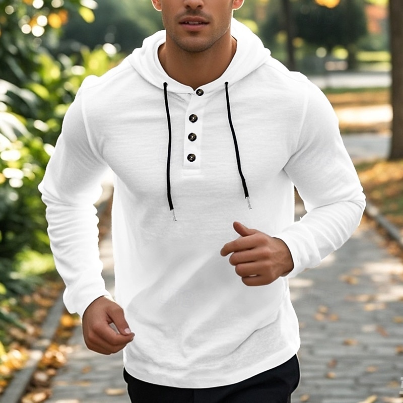 Men's Button Up Hoodie Black White Khaki Gray Light Blue Hooded Plain Quarter Zip Sports & Outdoor Casual Daily Streetwear Cool Sportswear Spring &  Fall Clothing Apparel Hoodies Sweatshirts  Long