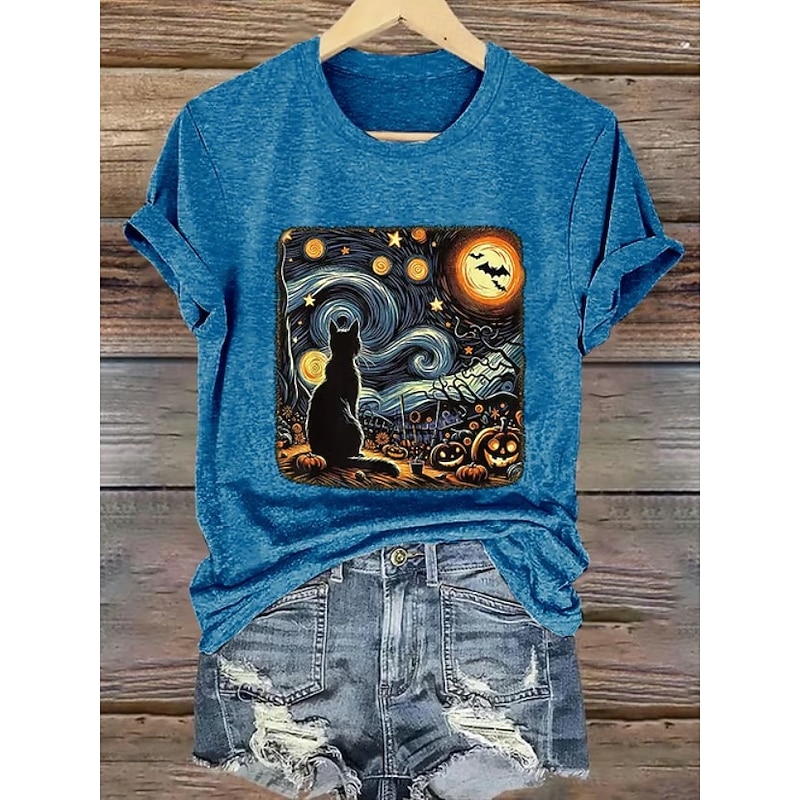 Halloween Women's T shirt Black Cat Graphic Skull Cat Vintage Stylish Classic Short Sleeve Crew Neck Round Neck Regular Tops Daily Weekend Print Black White Blue Orange Gray Summer Fall