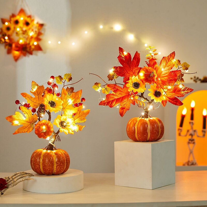 Halloween Fall Desktop Ornament with Faux Pumpkin, Red Berries, Maple Leaves and LED Lights for Autumn Harvest Festival, Spooky Halloween Scene Decoration for Fall Home Setup4