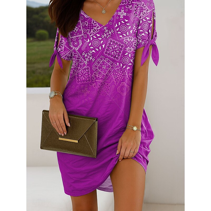 Women's Mini Dress Casual Dress T Shirt Dress Tee Dress Summer Dress Elegant Vacation Vintage Cold Shoulder Regular Fit Ombre Graphic Geometric Short Sleeve V Neck Red Blue Purple Green Summer Spring3