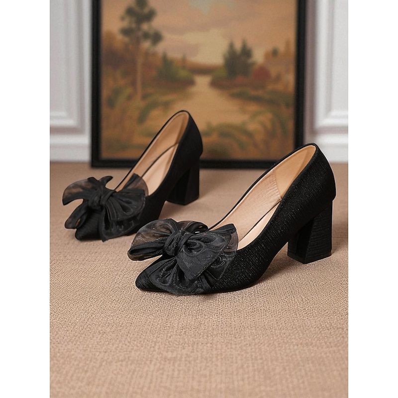 Women's Black Mesh Bow Low Heel Pumps –1950s Elegant Pointed Toe Court Shoes for Ladies, Suitable for Weddings, Parties, and Formal Occasions3