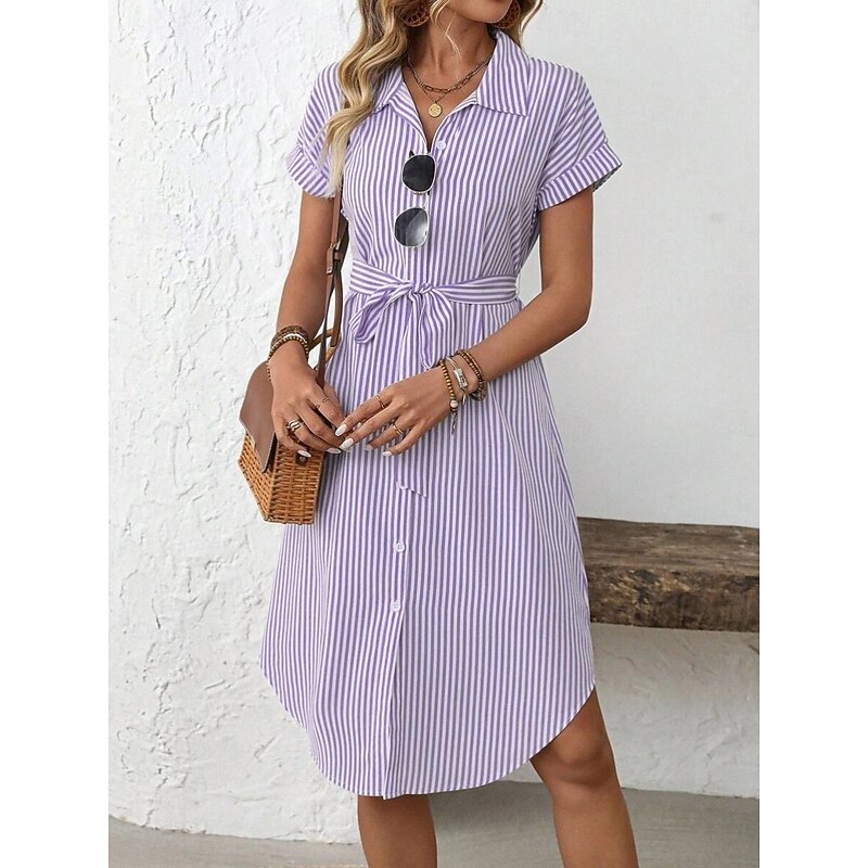 Women's Mini Dress Shirt Dress Casual Dress Summer Dress Fashion Modern Daily Beach Weekend Regular Fit Striped Short Sleeve Shirt Collar Purple Summer4