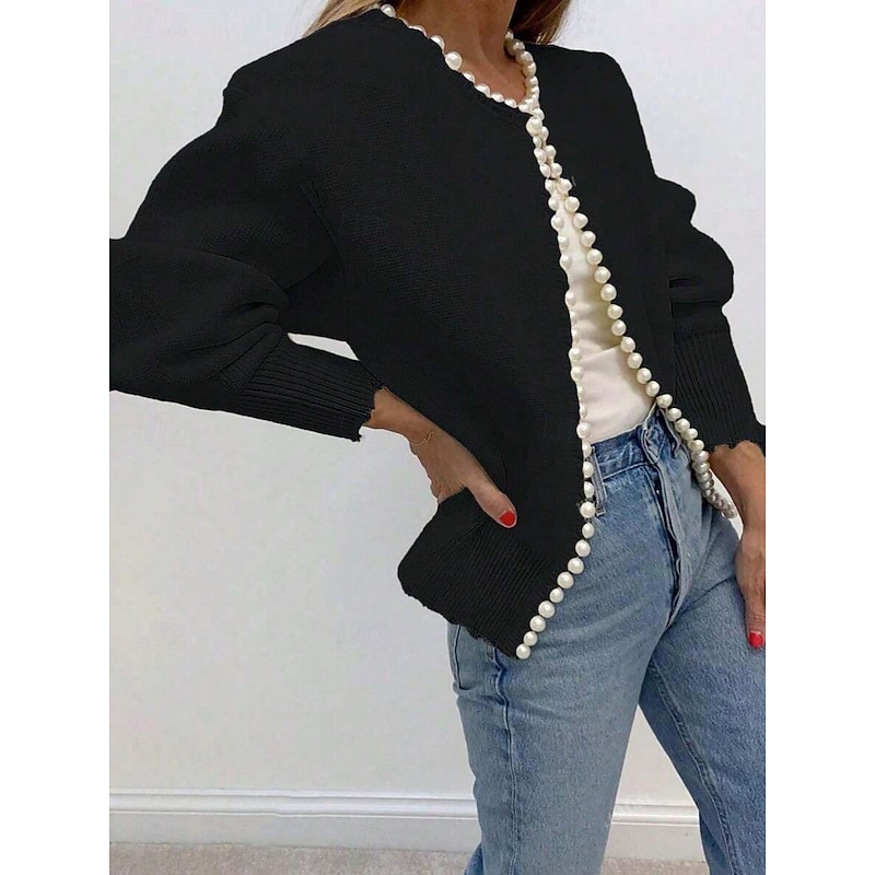 Women's Sweater Cardigan Elegant Fashion Streetwear Pure Color Crew Neck Beaded Knitted Long Sleeve Regular Tops Knit Outdoor Daily Weekend Black Fall Winter2