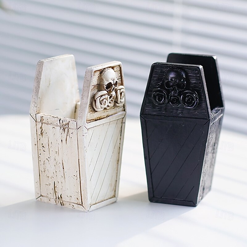 Halloween Pen Holder Gothic Skull Coffin Desk Organizer for Makeup Brushes Tools Stationery Desktop Storage Tube Unique Spooky Office Decoration for Home Decor3