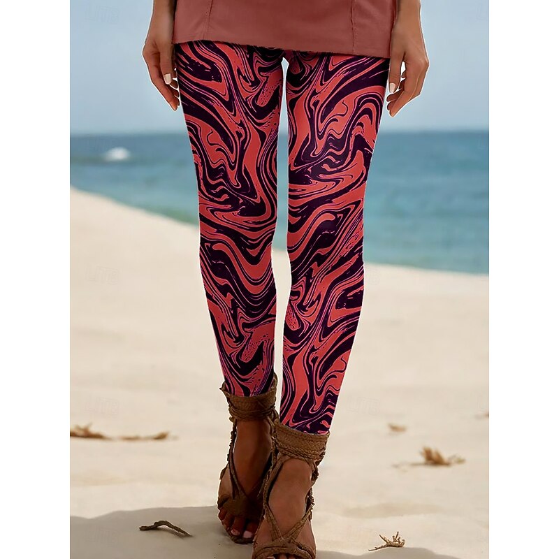Women's Leggings Vacation Vintage Ethnic Style Ankle-Length High Waist Graphic Lines / Waves Abstract 3D Print Breathability Soft Comfortable Stretchy Outdoor Home Causal claret Yellow-Brown Violet4