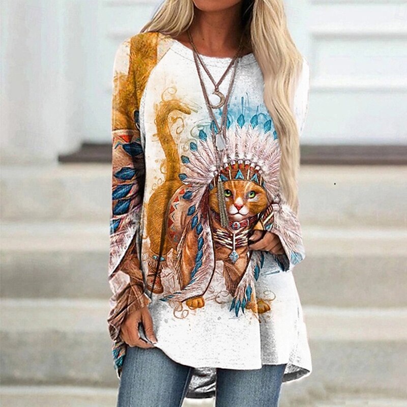 Women's T shirt Long Sleeve Graphic Animal Cat Vintage Stylish Classic Long Sleeve Crew Neck Round Neck Long Tops Daily Print Black Blue Orange Spring Fall Prefall4