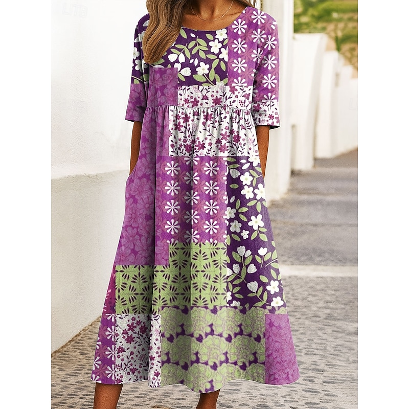Women's Midi Dress Casual Dress A Line Dress Summer Dress Vacation Casual Holiday Regular Fit Floral Graphic Geometric Half Sleeve Crew Neck Black Yellow Blue Purple Summer Spring