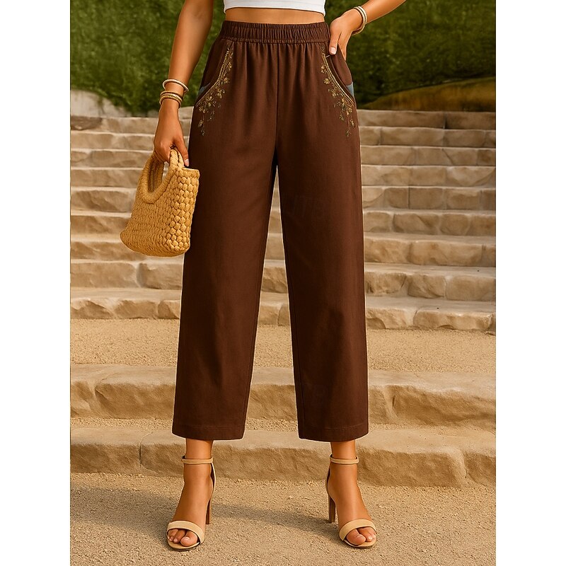 Women's Cotton Linen Pants Chinos Fashion Basic Full Length High Waist Floral Embroidered Comfort Outdoor Micro-elastic Vacation Street Daily White Yellow Apricot Coffee Summer Spring Fall Regular Fit4