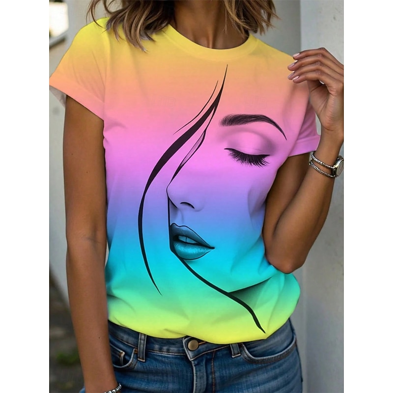 Women's T Shirt Graphic Abstract Vintage Stylish Casual Short Sleeve Crew Neck Regular Tops Daily Weekend Print Yellow Pink Blue Purple Summer Spring