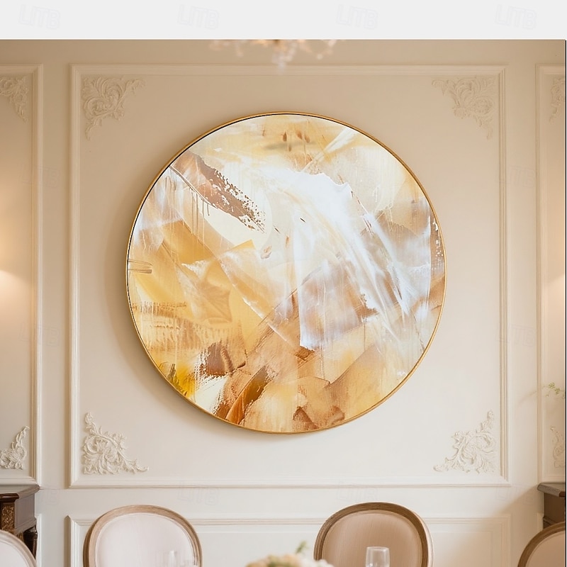 Handmade Circular Abstract Expressionist Oil Textured Palette Knife Paint Drips Neutral Earth Tones Ochre Tan White Cream Modern Organic Canvas Gallery Wall Decor Minimalist Earthy Palette2