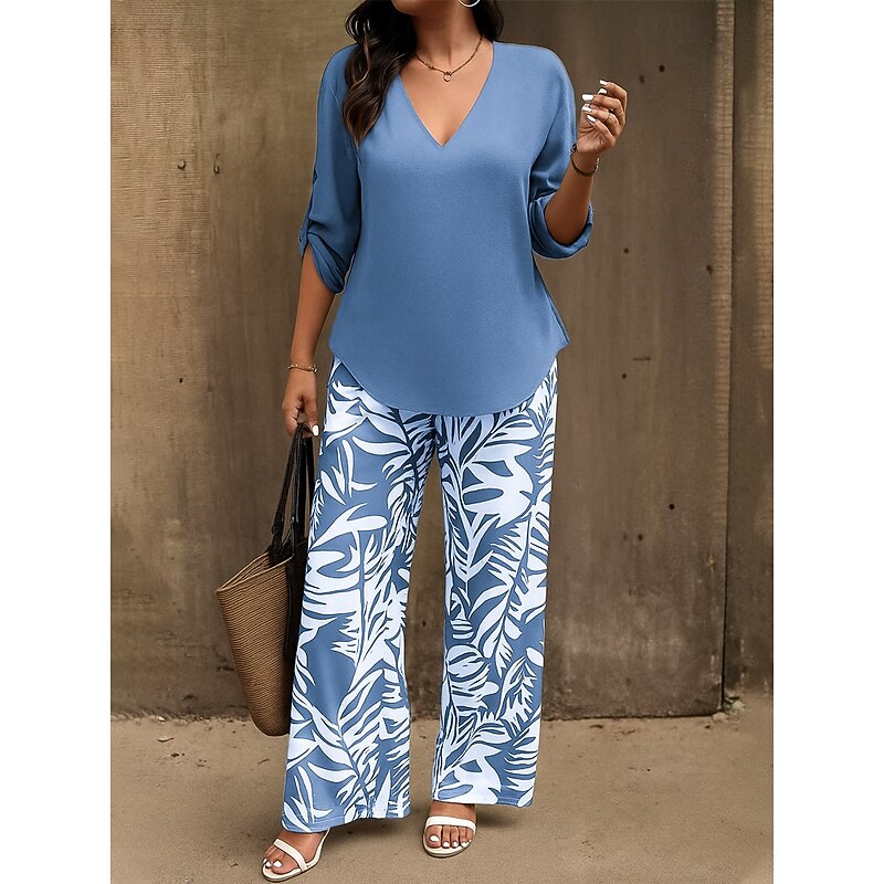 Women's Active Vacation Pants Sets Long Sleeve V Neck Leaves Print Casual Daily Black Pink Blue Spring &  Fall Regular Fit2