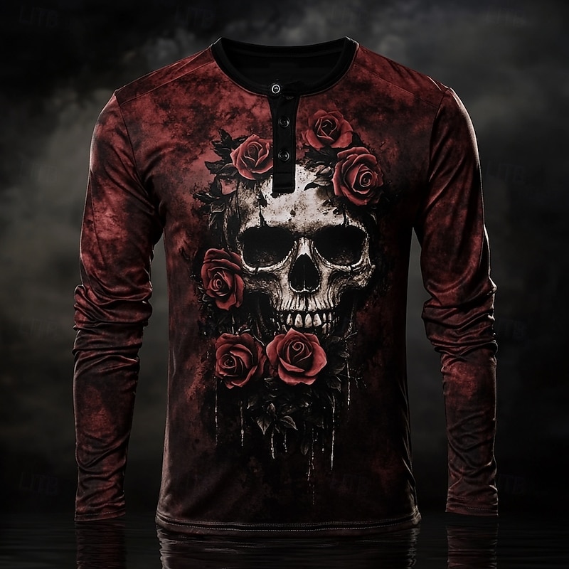 Men's Day of the Dead Graphic Skull Rose Henley Shirt Long Sleeve Fashion Cute Daily Casual Holiday Going out Fall Spring &  Fall Black Henley Henley T-Shirt