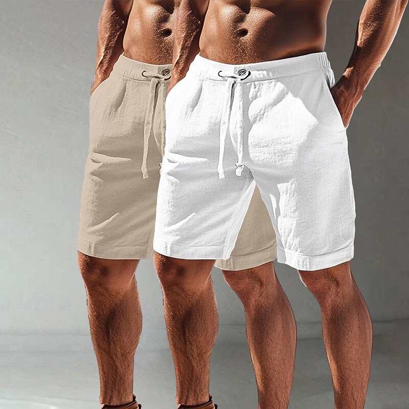 Men's Shorts Linen Shorts Summer Shorts Beach Shorts Elastic Waist Drawstring Plain Comfort Breathable Knee Length Outdoor Daily Beach Vacation Fashion White+khaki Khaki+Black Inelastic3