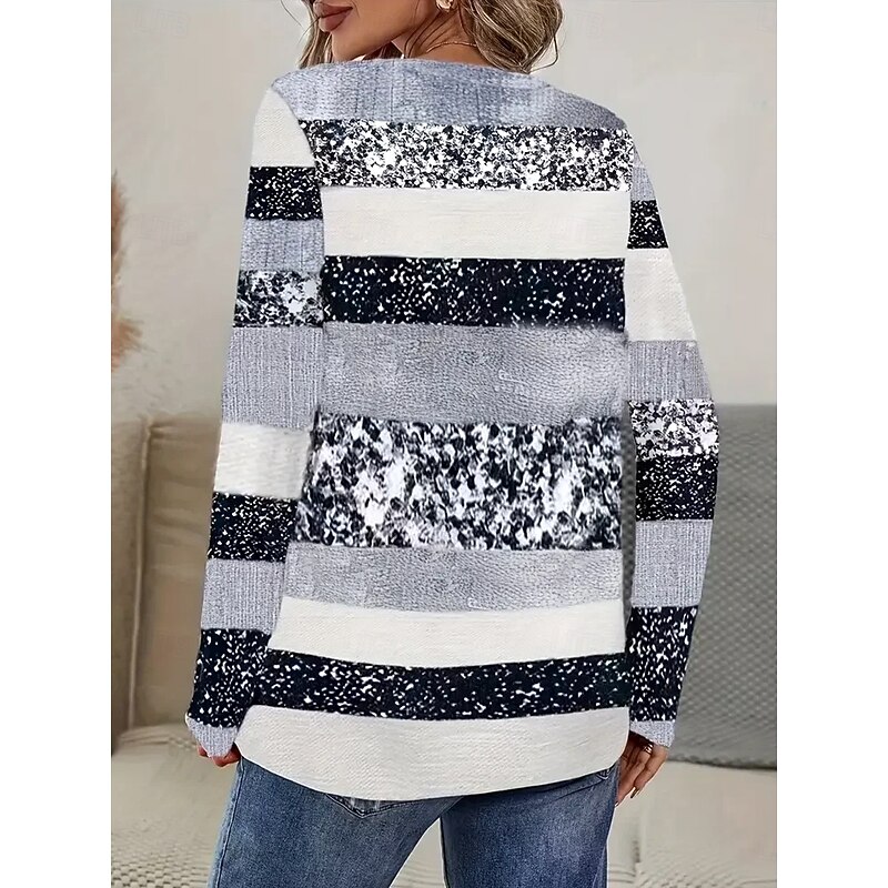 Women's T shirt Crew Neck Long Sleeve Tunic Graphic Geometric Striped Vintage Stylish  Round Neck Regular Tops Daily Print Gray Fall3