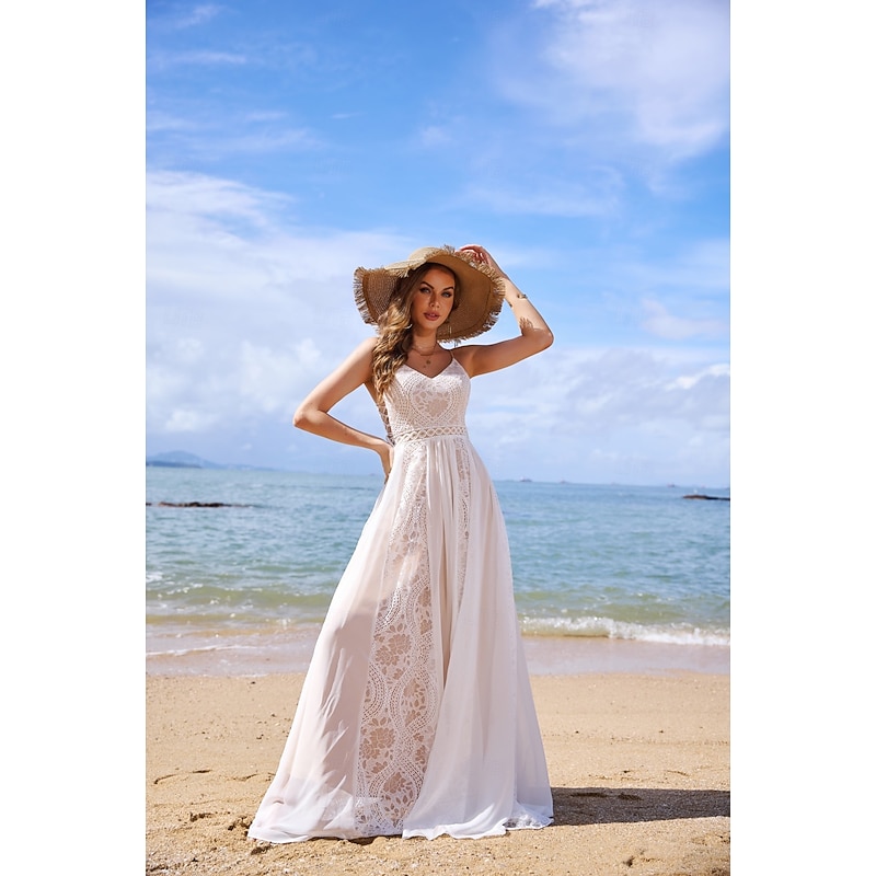 Beach Open Back Boho Wedding Dresses A-Line V Neck Spaghetti Strap Sleeveless Sweep / Brush Train Chiffon Bridal Gowns With Tassel2