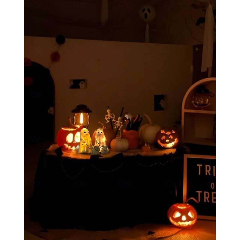 1 Pc Halloween 25cm Cute Ghost Leading Lamb USB Light Indoor and Outdoor Courtyard Bedroom Restaurant Atmosphere Decoration Resin Ornament Light4