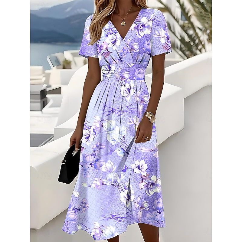 Women's Elegant Midi Dress A Line Dress Wrap Dress V Neck Short Sleeve Going out Regular Fit Floral Graphic Pink Blue Purple Green3