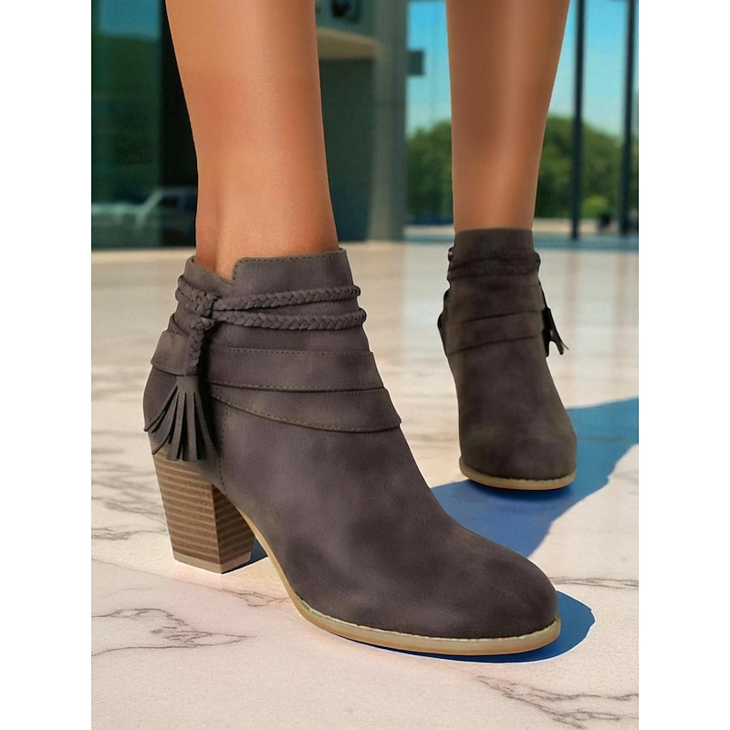Women's Black Faux Leather Ankle Boots with Tassel Braided Strap - Comfortable Walking Western Style Chunky Heel Booties for Fall Outfits, Boho Looks, and Everyday Wear