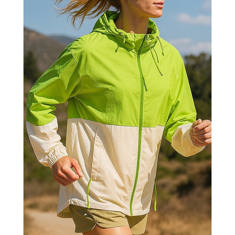 Women's Running Jacket Outdoor Jacket Hooded Jacket Drawstring Zipper Pocket Long Sleeve Top Athleisure Patchwork Windproof UPF 50+ Breathable Fishing Hiking Running Sportswear Activewear White Pink3