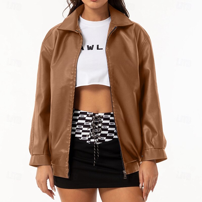 Women's Faux Leather Jacket Comfortable Full Zip Fashion Street Style Plain Outdoor Casual Daily Regular Turndown Regular Fit Long Sleeve Outerwear Black Pink Burgundy Spring Fall2