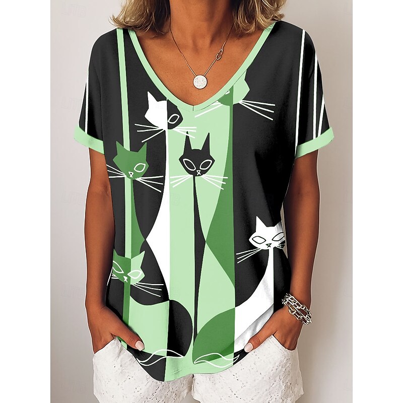 Halloween Women's T shirt Black Cat Graphic Animal Geometric Vintage Stylish Casual Short Sleeve V Neck Regular Tops Daily Weekend Vacation Wear Print Red Blue Green Gray Summer3