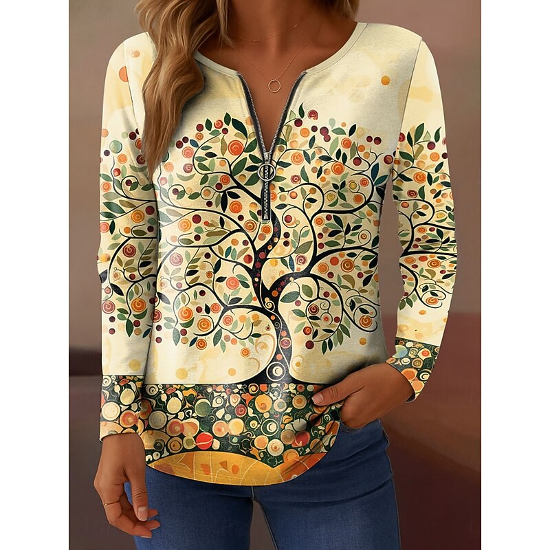 Women's T Shirt Quarter Zip Long Sleeve Casual Floral Graphic Elegant Vintage Stylish V Neck Regular Tops Daily Pink Blue Orange Green Spring Fall
