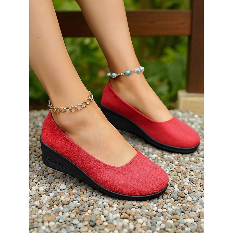 Women's Red Low Wedge Slip-On Shoes – Lightweight Comfort Shoes for Patio Parties, Garden Gatherings and Everyday Style3