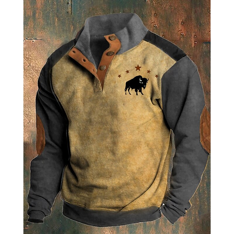 Men's Sweatshirt Brown Green Gray Polo Collar Color Block Cow Patchwork Print Sports & Outdoor Daily Holiday Polyester Vintage Streetwear Basic Spring Autumn / Fall Clothing Apparel Hoodies2