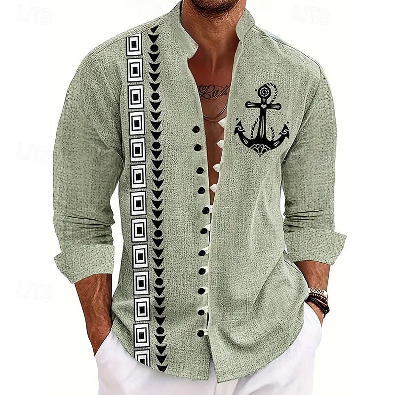 Men's Geometric Anchor Shirt Stand Collar Shirt Long Sleeve Vintage Retro Vacation Daily Wear Going out Spring Fall Mandarin Collar Band Collar Button-Down Linen Like Shirt Light Green