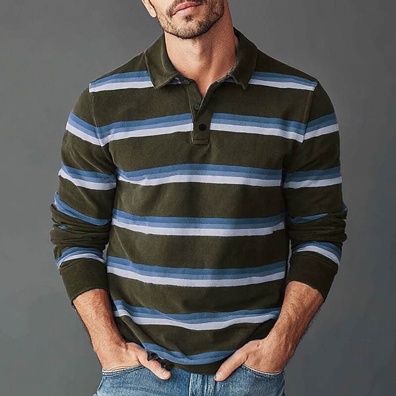 Men's Horizontal Stripes Rugby Polo Long Sleeve Polo Shirts Collared Shirts Sportswear Casual School Outdoor Athleisure 3D Print Spring Fall Winter Yellow Blue Purple4