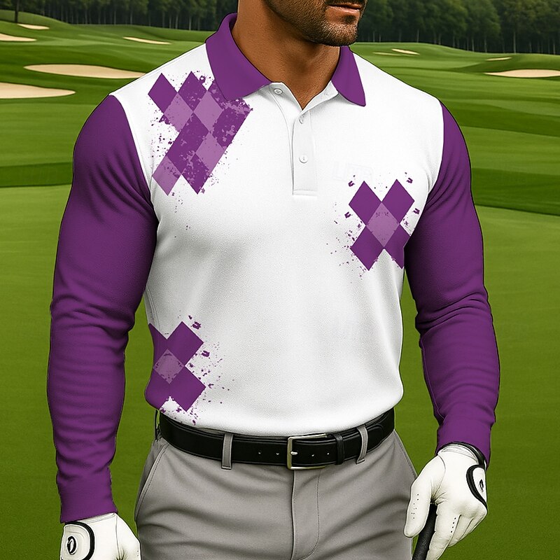 Men's Geometric Golf Polo Sports Polo Shirts Long Sleeve Polo Shirts Collared Shirts Casual Sports 3D Print Spring Fall Black Blue Purple4
