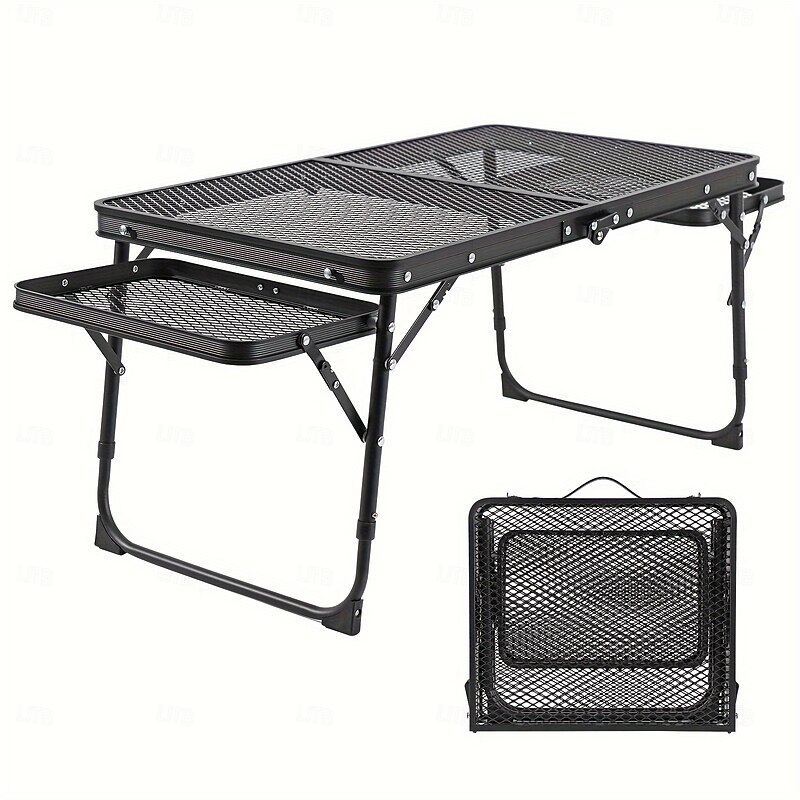 Portable Folding Camping Table with Adjustable Height  Featuring Two Wing Panels And a Mesh Top Perfect for Outdoor Grilling Picnics Barbecues Beaches And Camping Sturdy Metal Build Expandable