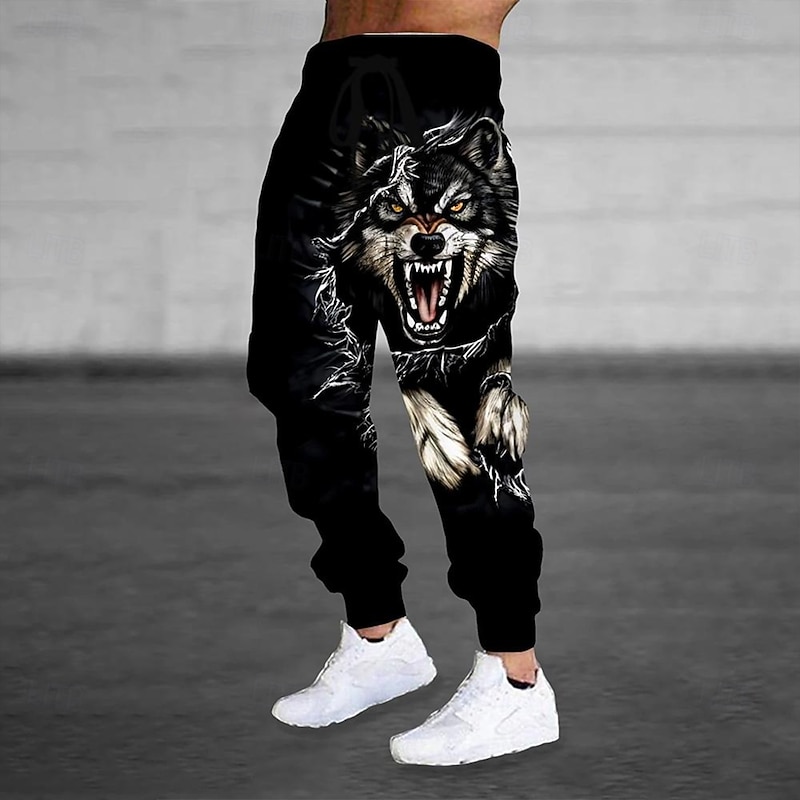 Men's Animal Wolf Halloween Costumes Sweatpants Joggers Trousers Mid Waist Drawstring Elastic Waist Dark Punk Gothic Style Jogging Streetwear Workout Athletic Sweatpants with Pockets Spring Fall 3D