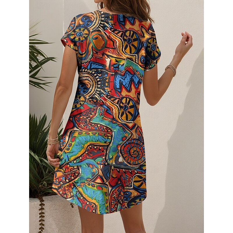 Women's Mini Dress Knit Dress Casual Dress T Shirt Dress Tee Dress Sundress Elegant Vacation Casual Beach Regular Fit Graphic Geometric Abstract Short Sleeve V Neck Yellow Blue Purple Orange Summer2