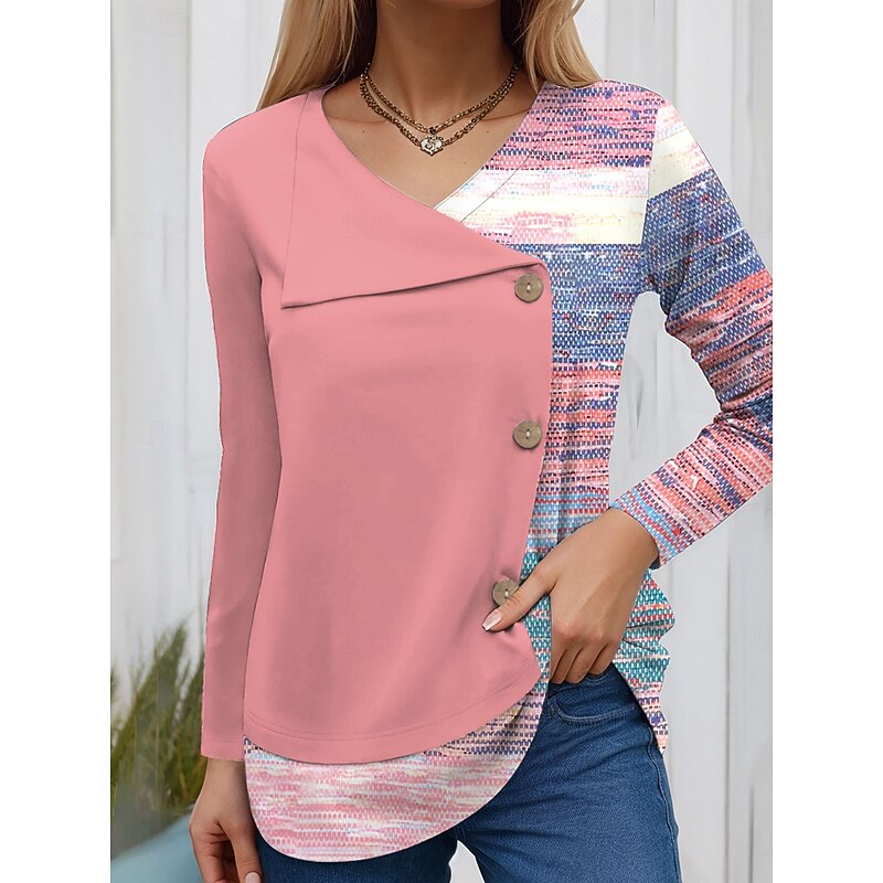 Women's Blouse Tunic V Neck Long Sleeve Buttons Graphic Geometric Vintage Fashion Stylish Crew Neck Regular Tops Daily Patchwork Print Pink Blue Purple Green Spring Fall Winter Prefall