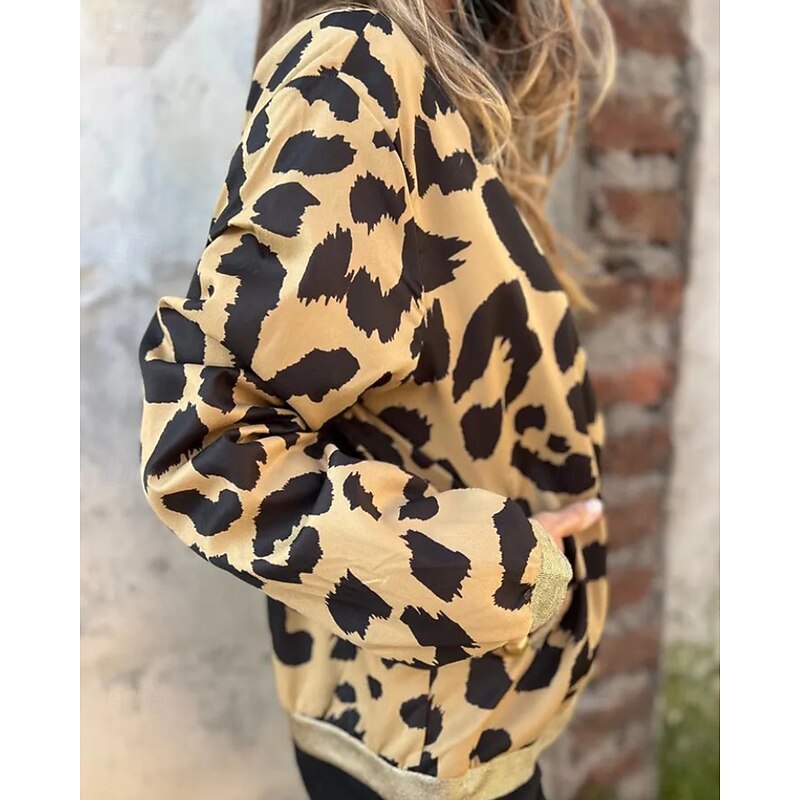 Women's Casual Jacket Warm Comfortable Zipper Pocket Fashion Outdoor Leopard Going out Weekend Zipper Regular Stand Collar Regular Fit Long Sleeve Outerwear Yellow Fall Winter4