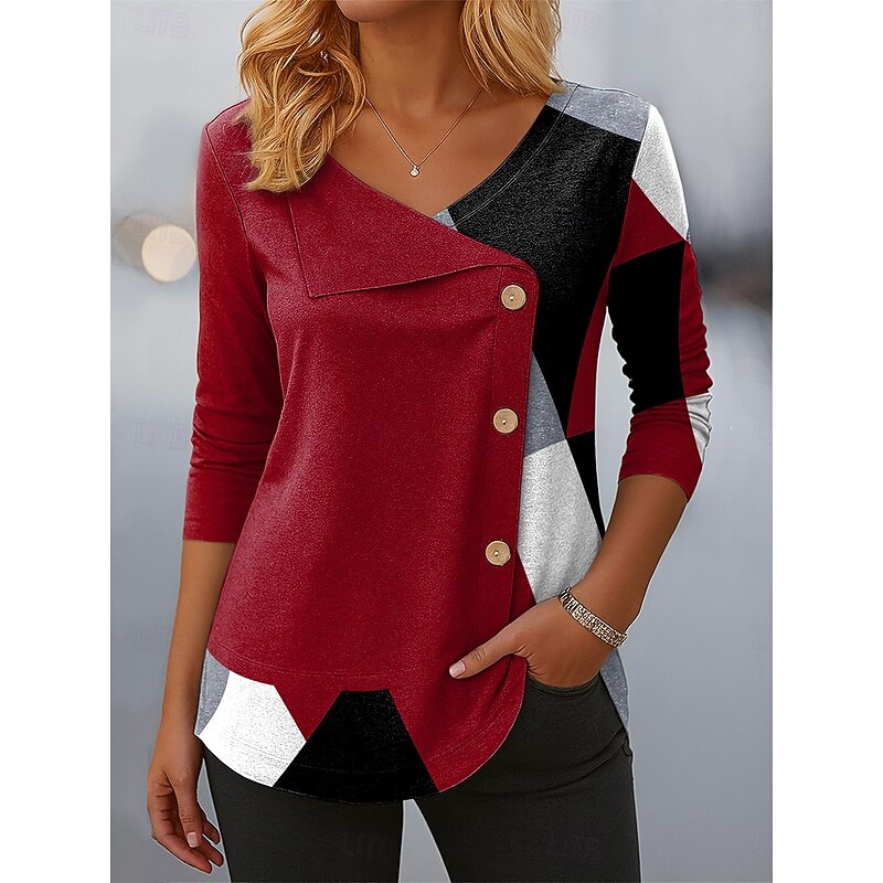 Women's Blouse Tunic V Neck Long Sleeve Buttons Graphic Geometric Color Block Vintage Stylish Modern Regular Tops Daily Patchwork Print Red Blue Purple Green Spring Fall Winter