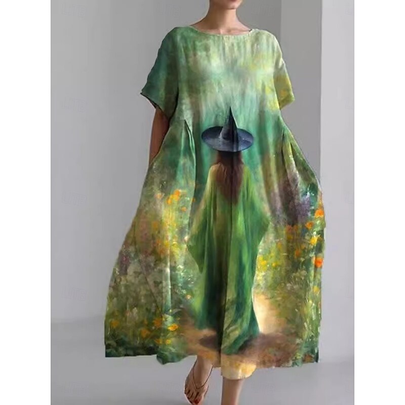 Halloween Women's Witch Print Midi Dress A Line Dress Summer Dress Casual Daily Regular Fit Graphic Short Sleeve Crew Neck Yellow Blue Purple Green Summer4