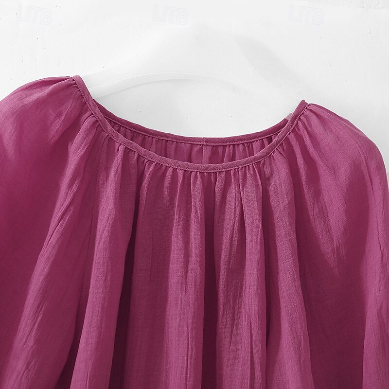 Women's Boho Shirt Blouse Solid Color Bohemia Cute Daily Half Sleeve Puff Sleeve Crew Neck Crop Tops Daily Fuchsia Summer3