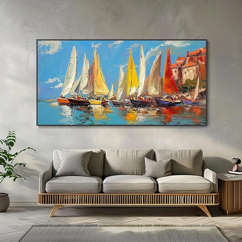 Mintura Handmade Boat Landscape Oil Paintings On Canvas Modern Wall Art Decoration Abstract Dock Picture For Home Decor Rolled Frameless Unstretched Painting4