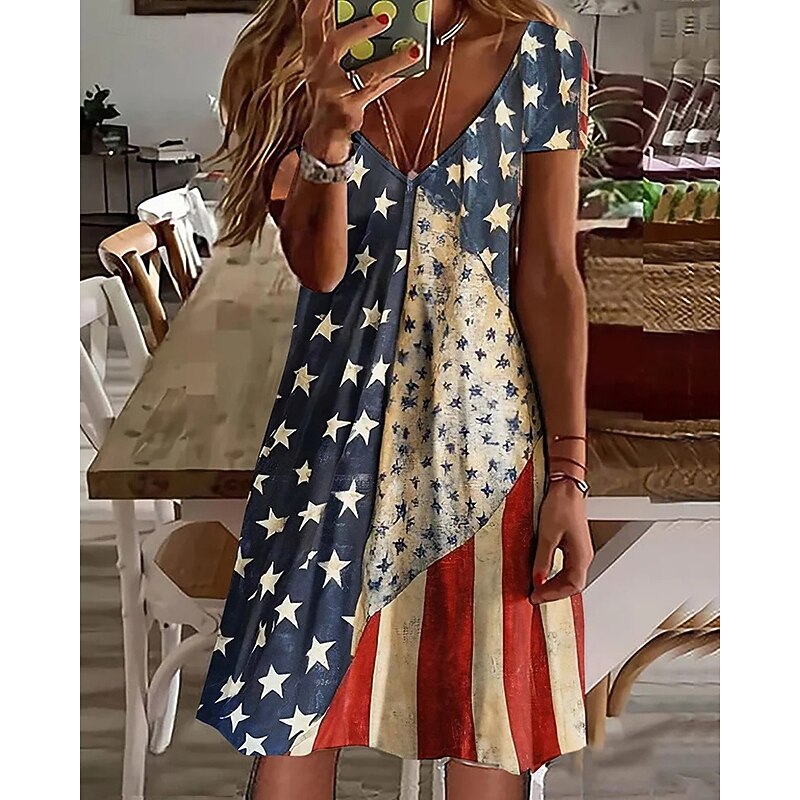 Women's Mini Dress Casual Dress Summer Dress Fashion Modern Daily Beach Weekend Regular Fit National Flag Short Sleeve V Neck Blue Dark Blue Spring Fall2