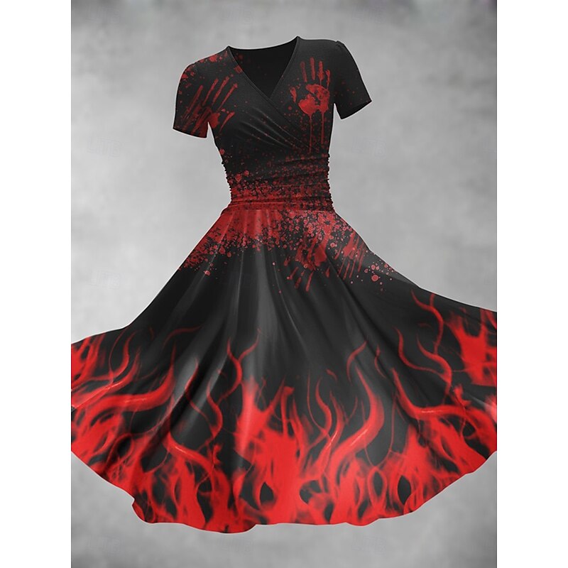 Halloween Women's Bat Print Midi Dress A Line Dress Summer Dress Fit And Flare Dress Party Casual Daily Holiday Regular Fit Graphic Abstract Short Sleeve V Neck Black White Red Summer Spring Fall3