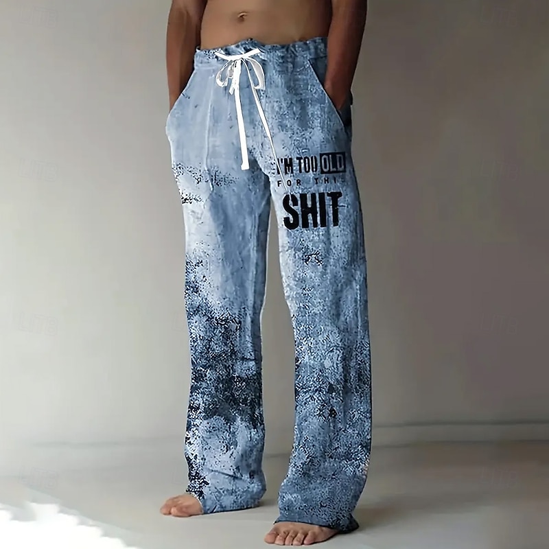 Men's Creepy Lettering Letter Printed Funny Trousers Baggy Pants Casual Pants Mid Waist Casual Outdoor Vacation Elastic Drawstring Waist Linen-Like Pants with Pockets Spring Fall 3D Print Blue